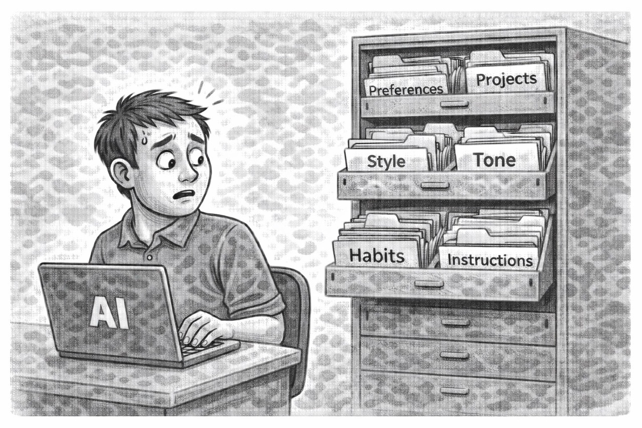 Auto-generated description: A person labeled AI looks nervously at a filing cabinet filled with folders labeled Preferences, Projects, Style, Tone, Habits, and Instructions.