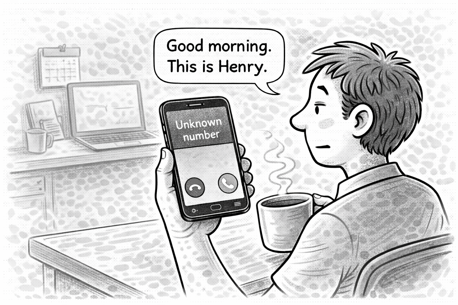 Auto-generated description: A person sitting at a desk with a coffee cup receives a call from an unknown number, and the caller introduces himself as Henry.