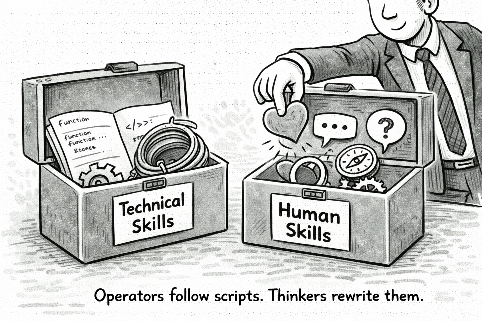 Auto-generated description: A person in a suit places a heart into a toolbox labeled Human Skills, while another toolbox labeled Technical Skills contains gears and cables, accompanied by the caption Operators follow scripts. Thinkers rewrite them.