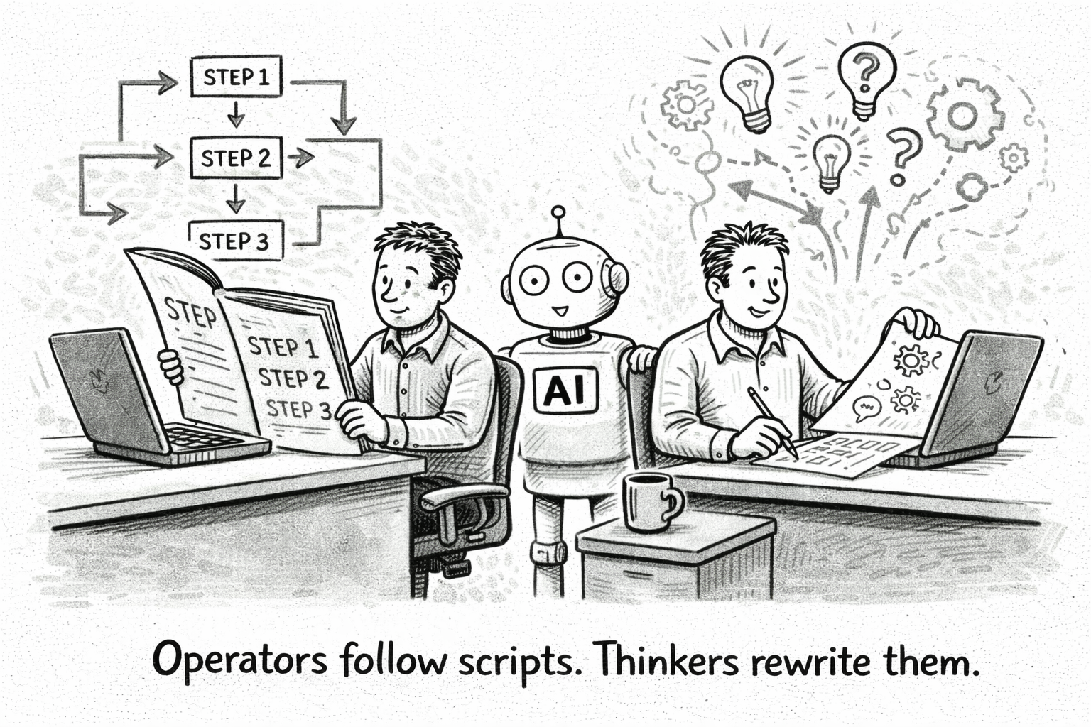 Auto-generated description: A robot labeled AI stands between two people; one is following steps from a script while the other is creatively developing ideas.