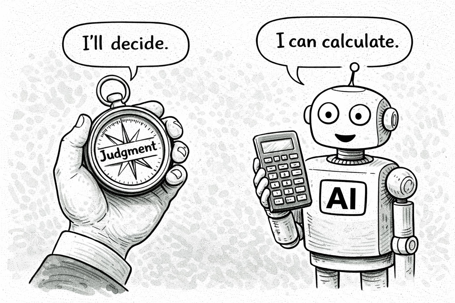 Auto-generated description: A hand holds a compass labeled Judgment saying I'll decide, while a robot with an AI label and calculator responds, I can calculate.