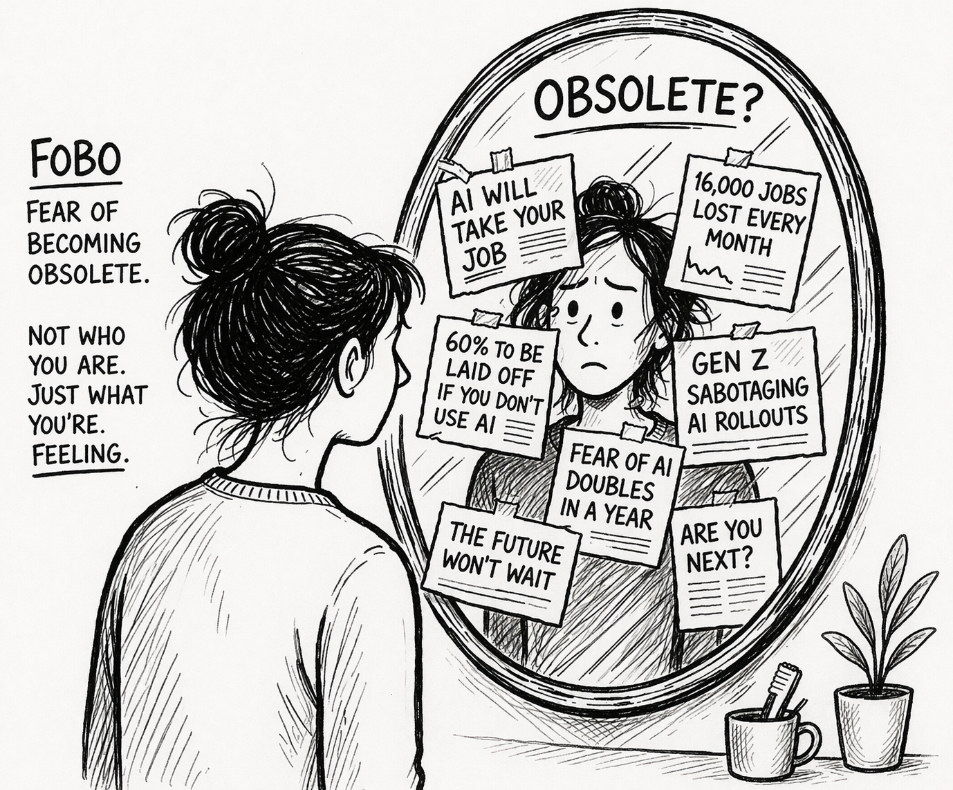 Auto-generated description: A person looks into a mirror filled with anxiety-inducing notes about job insecurity and the impact of AI, labeled with OBSOLETE? and FOBO for Fear of Becoming Obsolete.