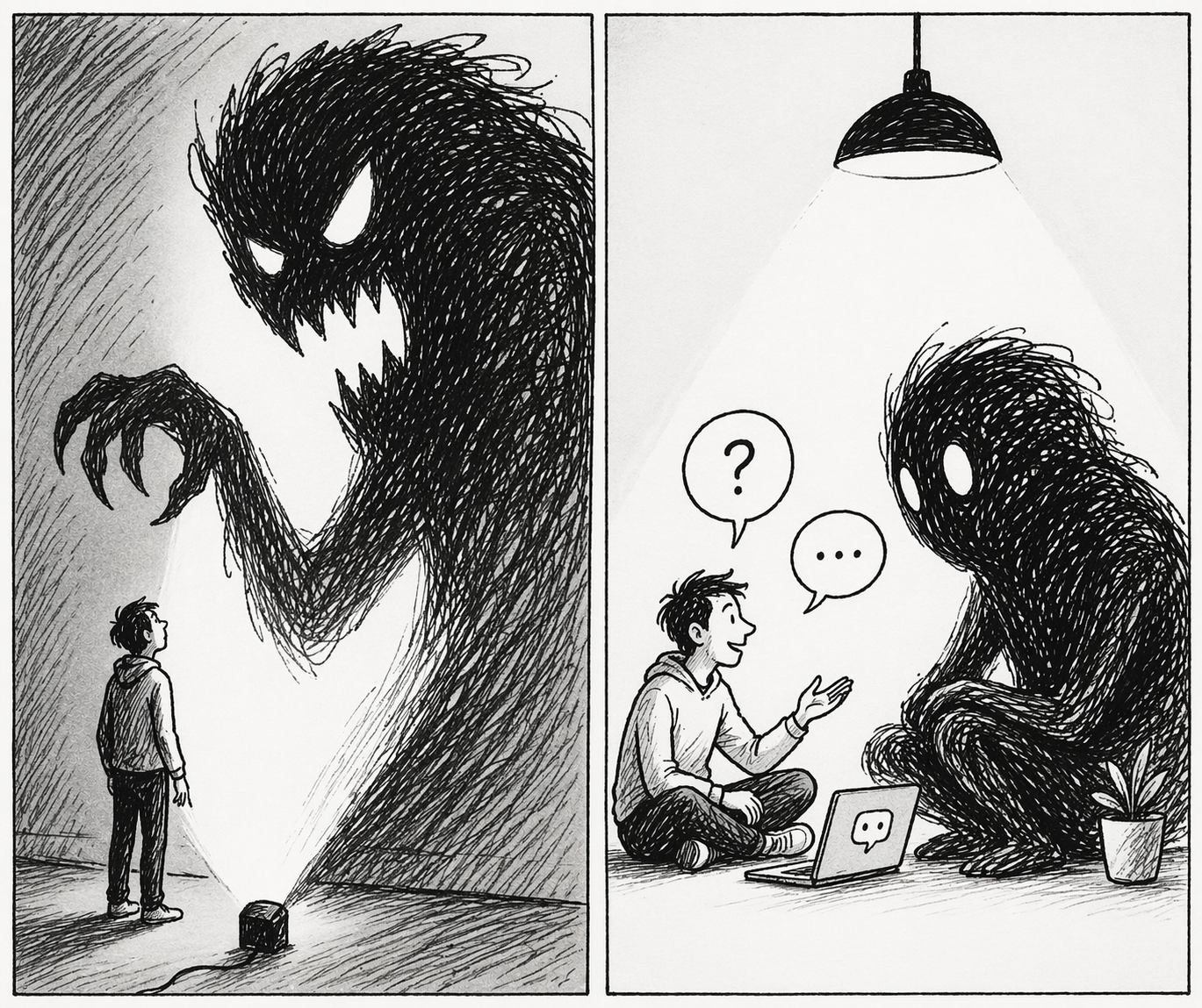 Auto-generated description: A person confronts a shadowy monster, and then sits talking with it, using a laptop, while both appear calm and engaged.