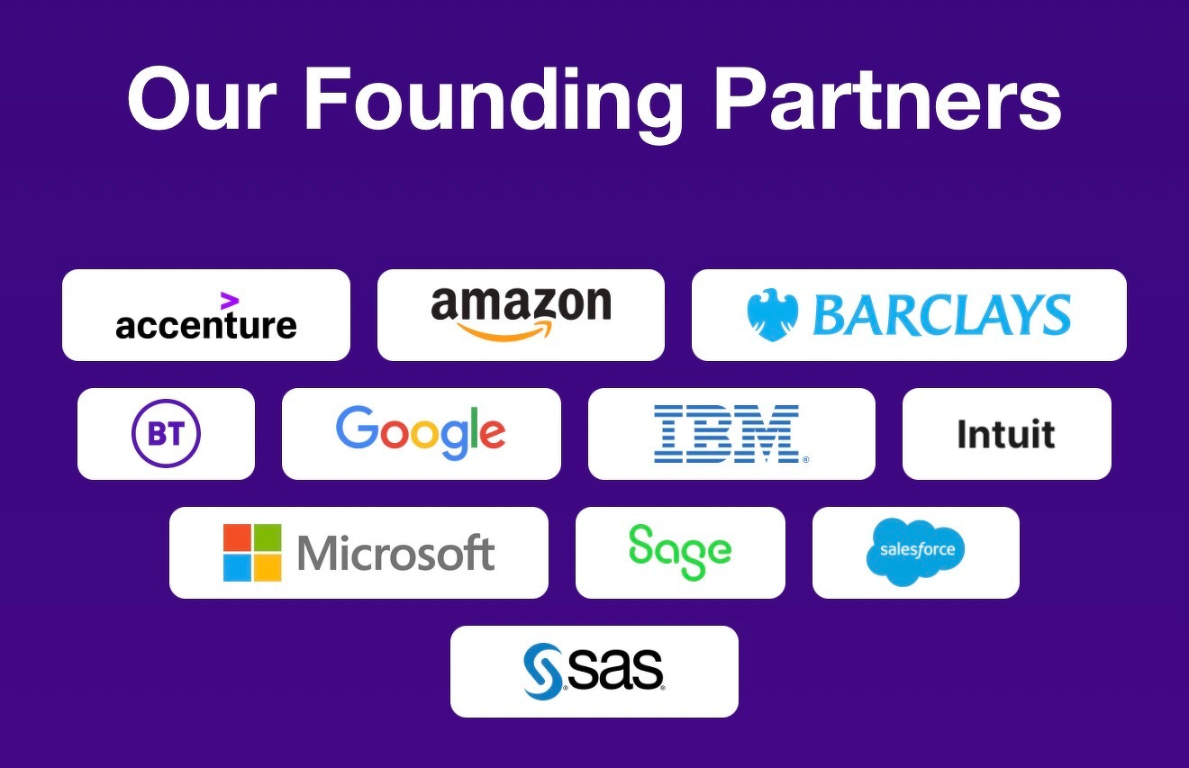 Auto-generated description: Listed logos of various companies, including Accenture, Amazon, Barclays, BT, Google, IBM, Intuit, Microsoft, Sage, Salesforce, and SAS, under the title Our Founding Partners on a purple background.