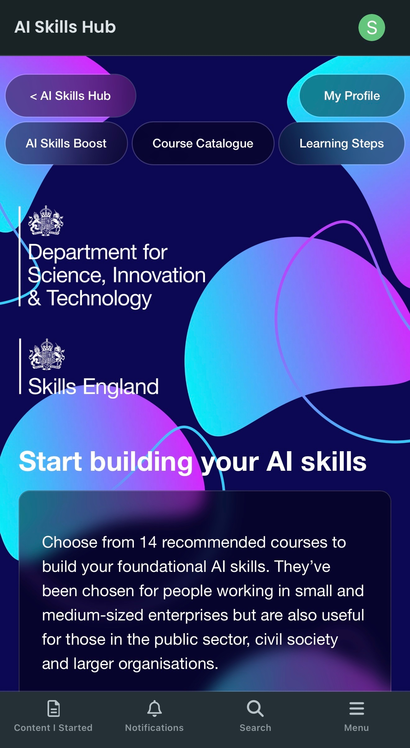 Auto-generated description: A web interface promoting AI skills development with options like AI Skills Hub, course catalogs, and learning steps, featuring colorful abstract graphics.