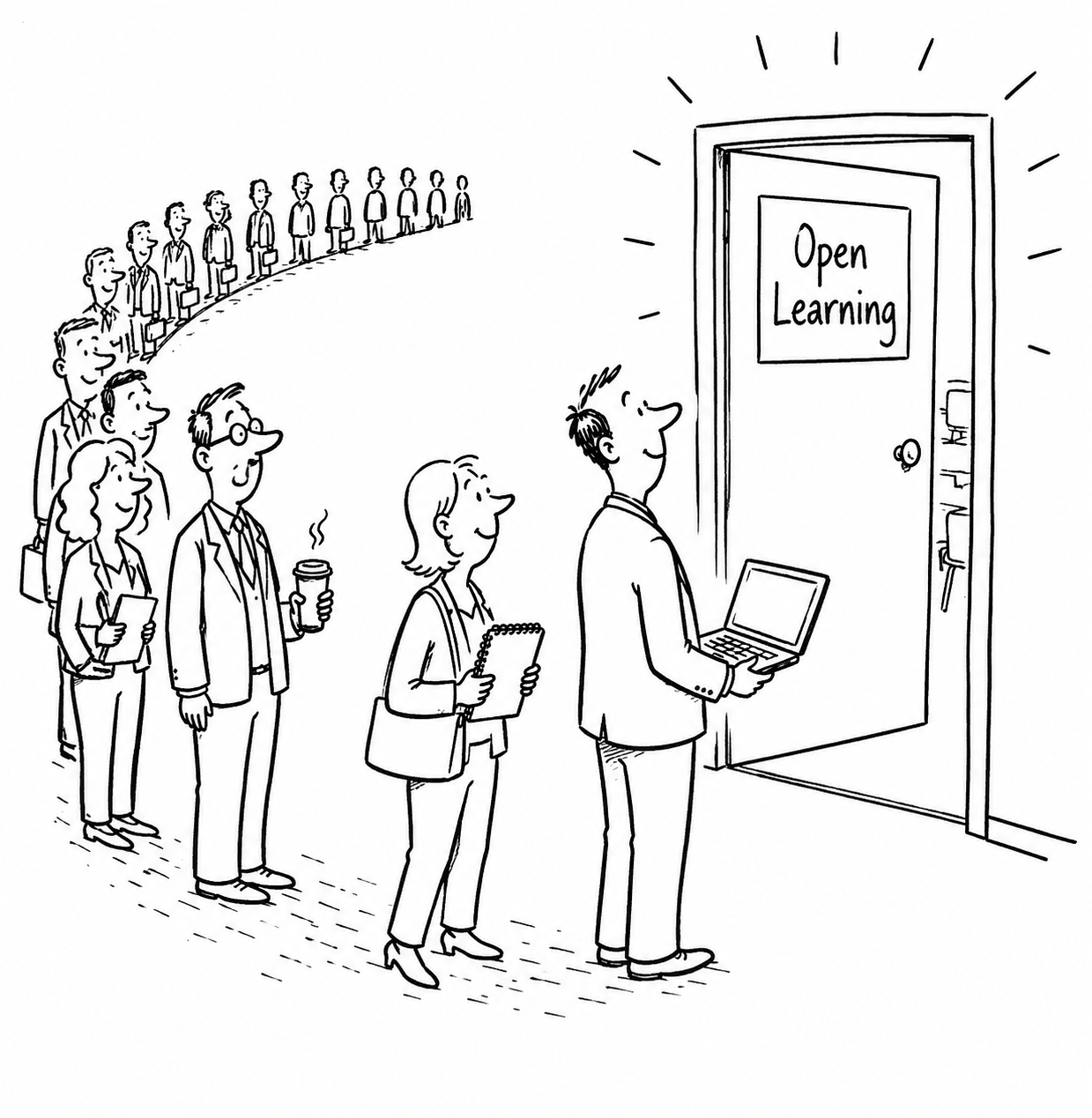 Auto-generated description: A long line of people, some holding coffee and others notebooks or laptops, wait to enter a room labeled Open Learning.