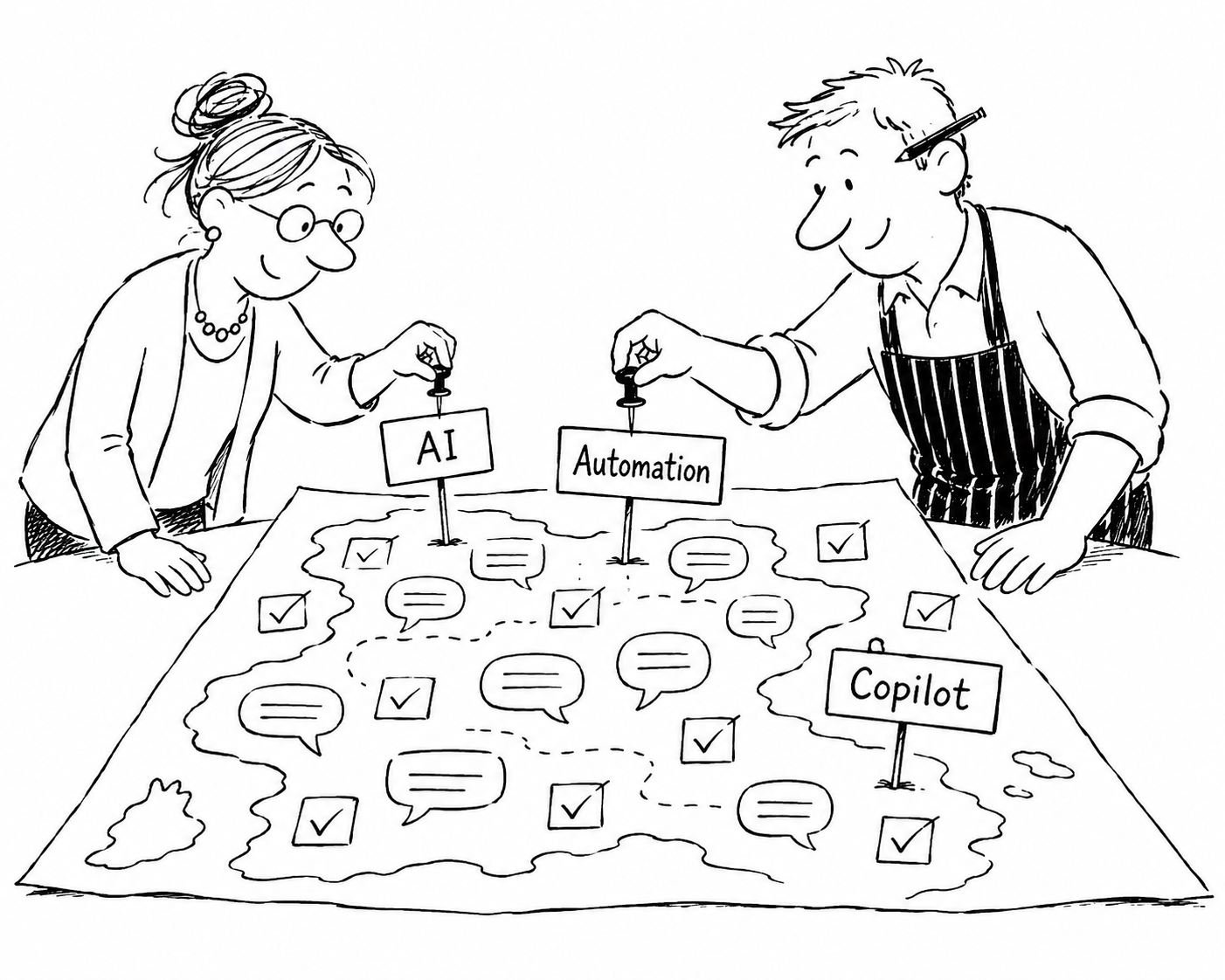 Auto-generated description: Two people are altering a map labeled with signs for AI, Automation, and Copilot, with various symbols and checklist marks scattered across it.