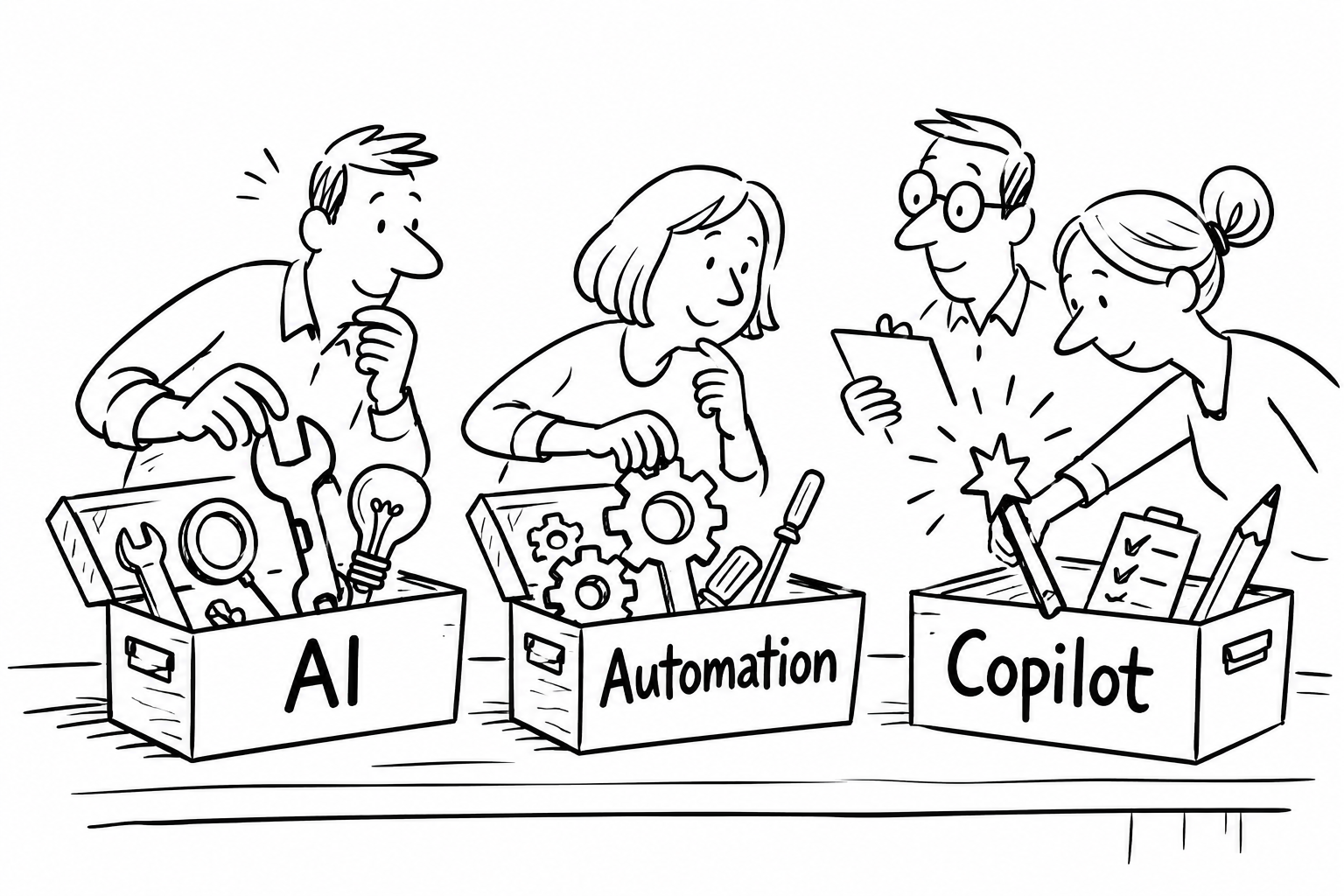 Auto-generated description: People are engaging with toolboxes labeled AI, Automation, and Copilot, each containing relevant tools and items.