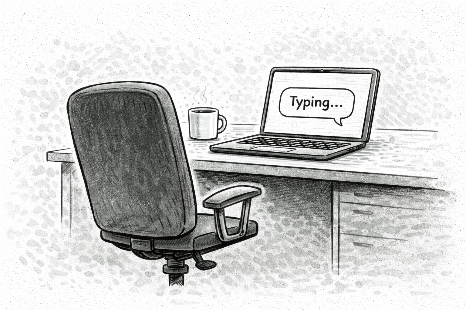 Auto-generated description: An empty office chair faces a laptop on a desk showing a speech bubble with Typing... next to a cup of coffee.