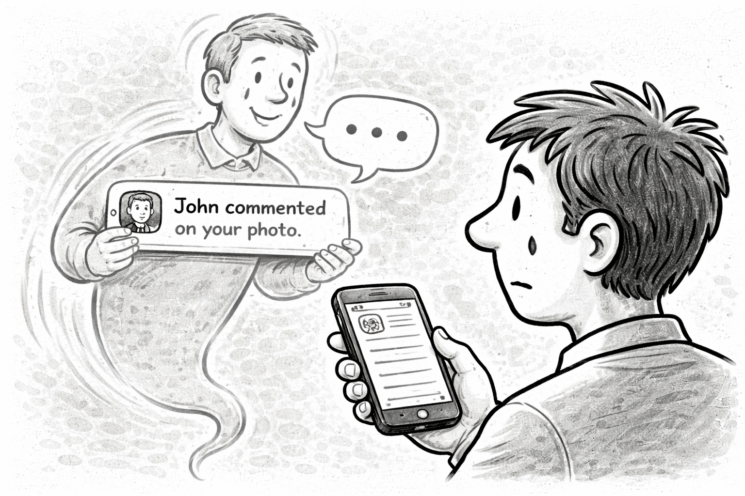 Auto-generated description: A person looks at a phone showing a notification about a comment, while a ghostly figure resembling a commenter appears nearby.