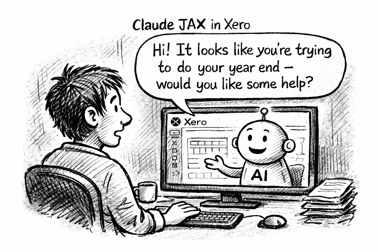 Auto-generated description: A person sitting at a desk looks surprised as an AI robot on the computer screen offers help with year-end tasks in a virtual program called Xero.