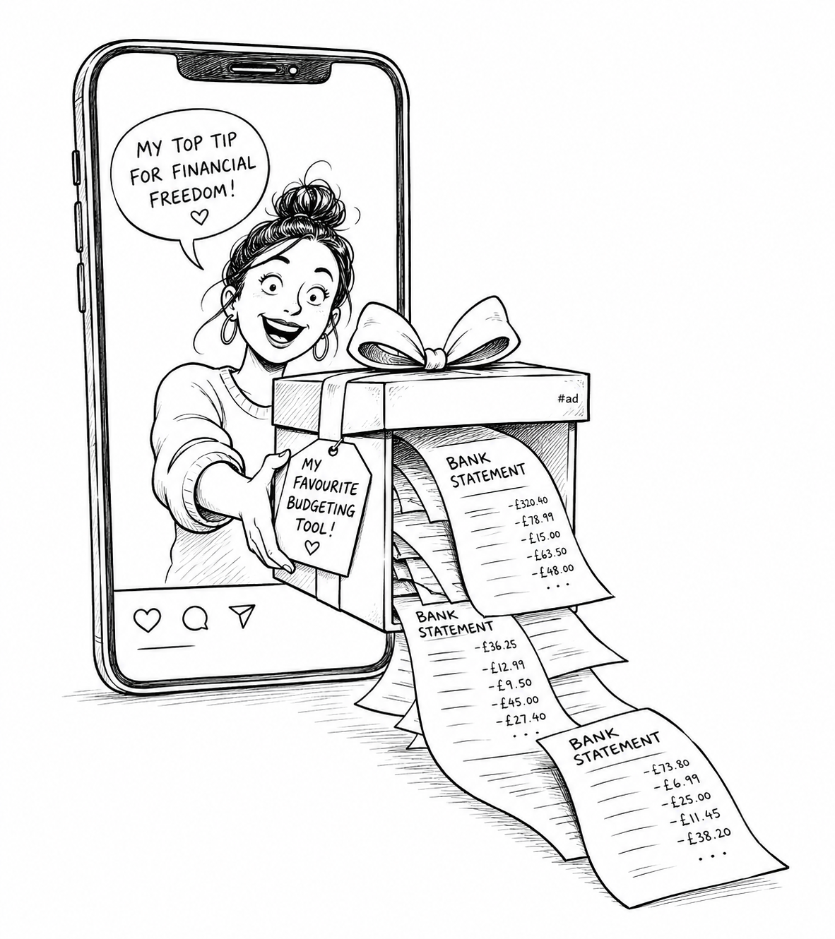 Auto-generated description: A cartoon shows a smartphone with a woman inside enthusiastically promoting a budgeting tool, depicted as a gift box spilling out lengthy bank statements.