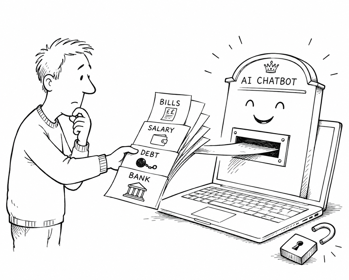 Auto-generated description: A person is handing various documents, labeled with financial terms, to a smiling AI chatbot integrated into a laptop.