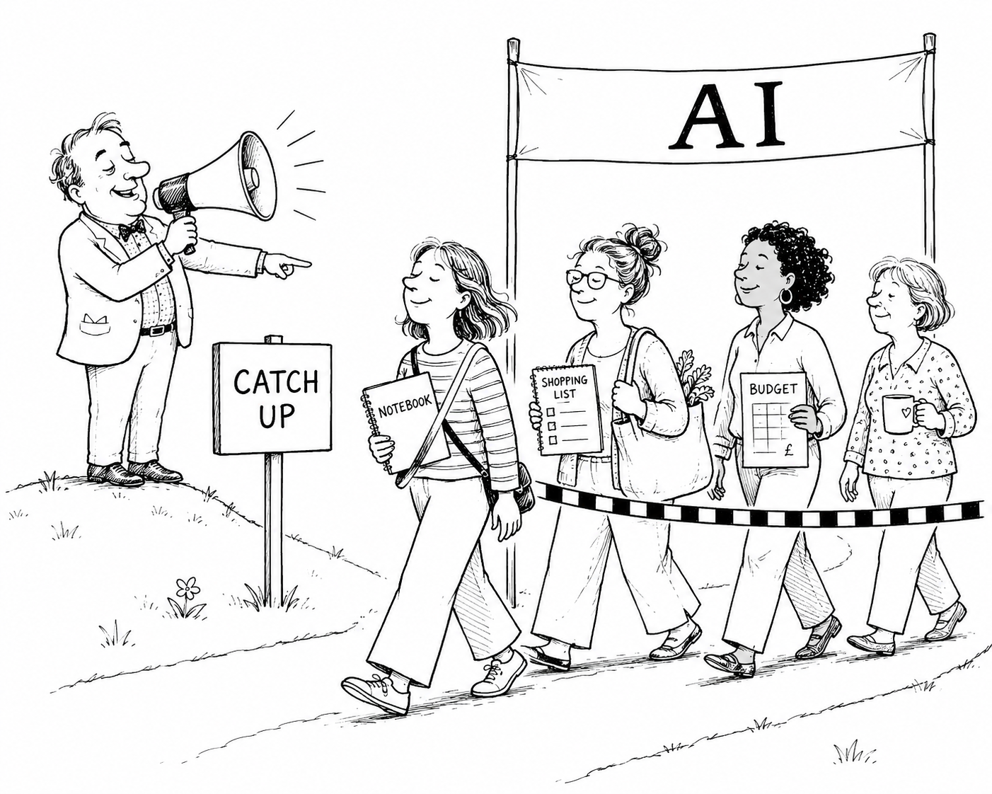 Auto-generated description: A group of women, each holding different items, walks towards a banner labeled AI, while a man with a megaphone stands next to a Catch Up sign.