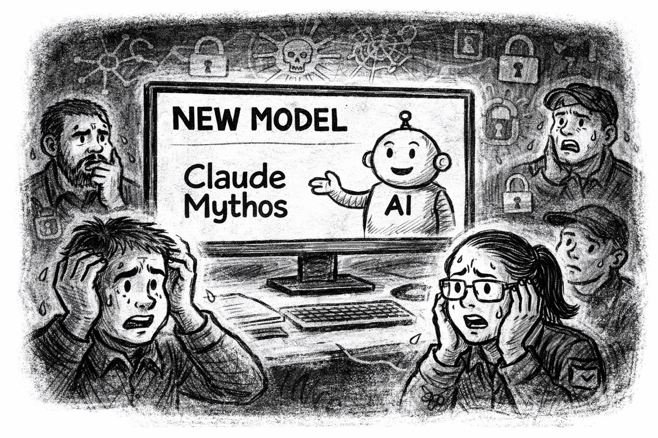 Auto-generated description: People appear distressed while looking at a monitor displaying a new AI model called Claude Mythos.