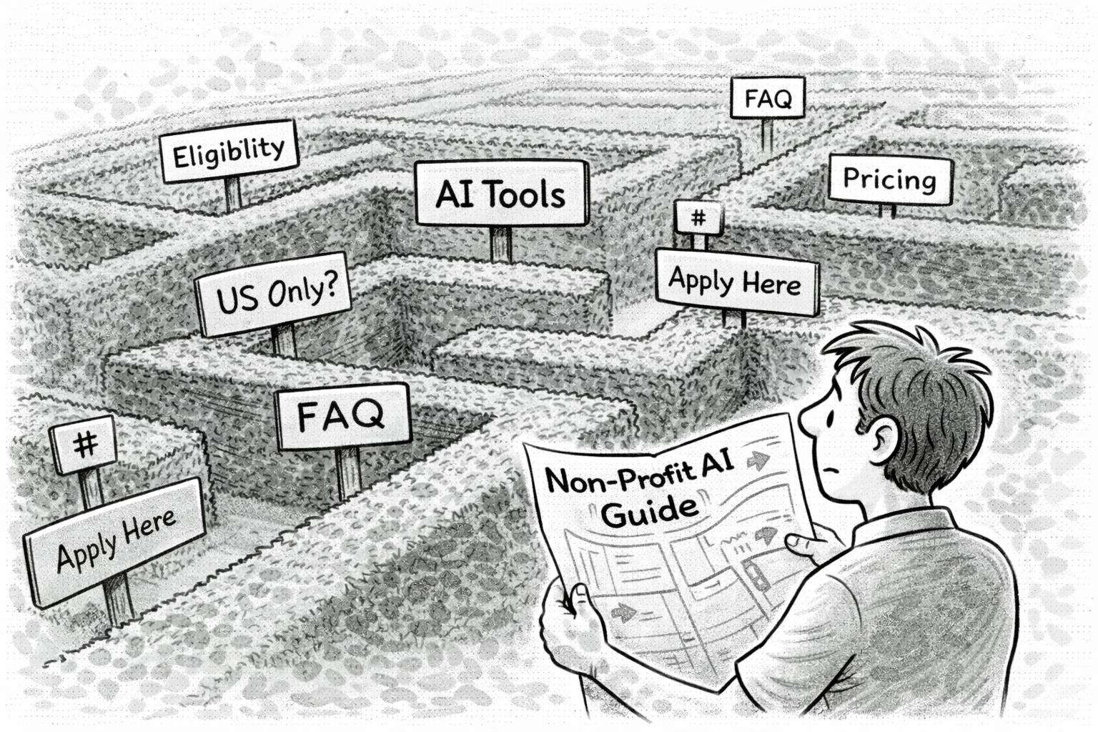 Auto-generated description: A person holding a Non-Profit AI Guide stands in front of a hedge maze filled with signs like Eligibility, AI Tools, and Apply Here.