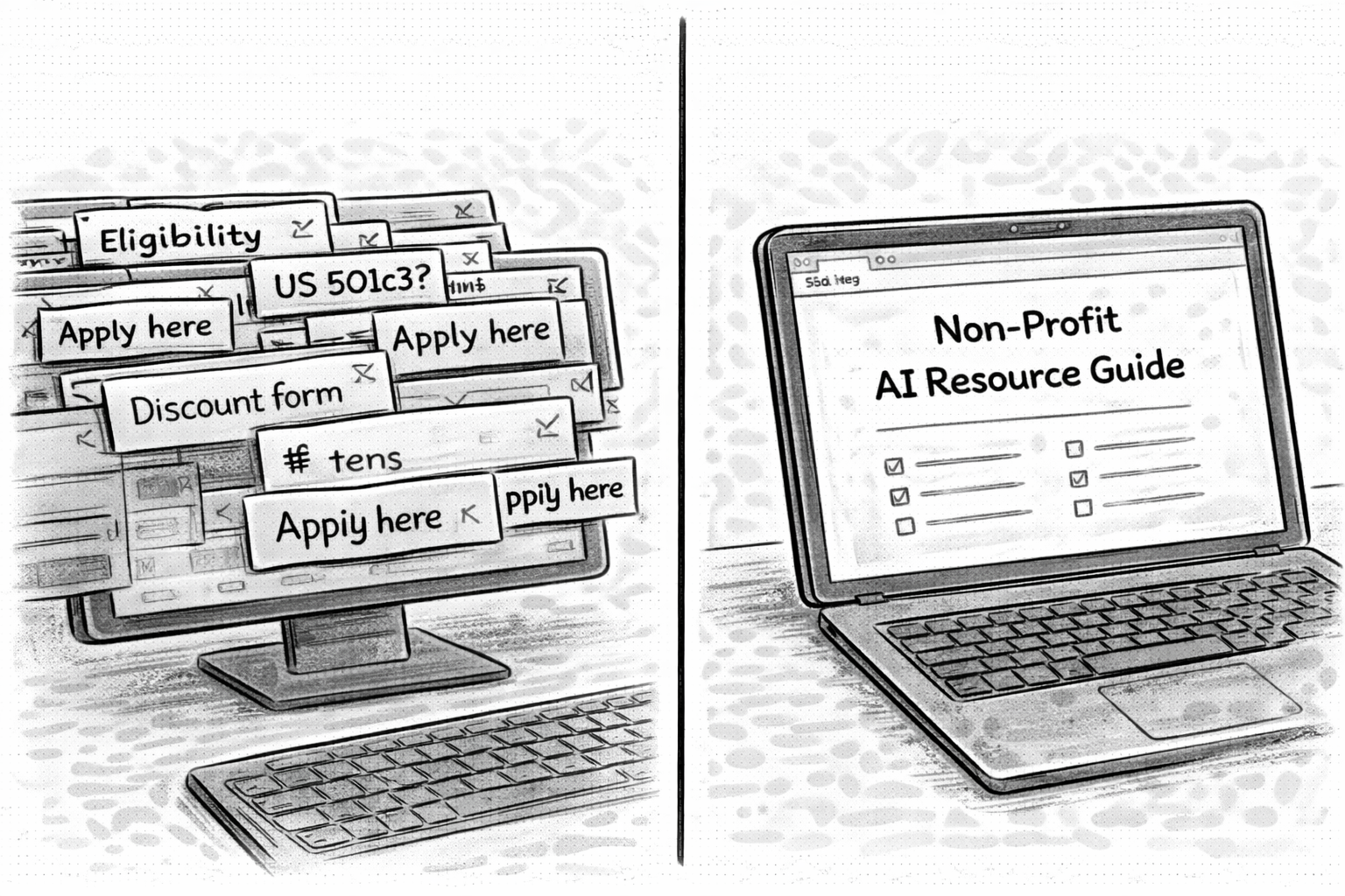 Auto-generated description: Two screens show a cluttered job application portal on the left and an organized AI resource guide on the right.