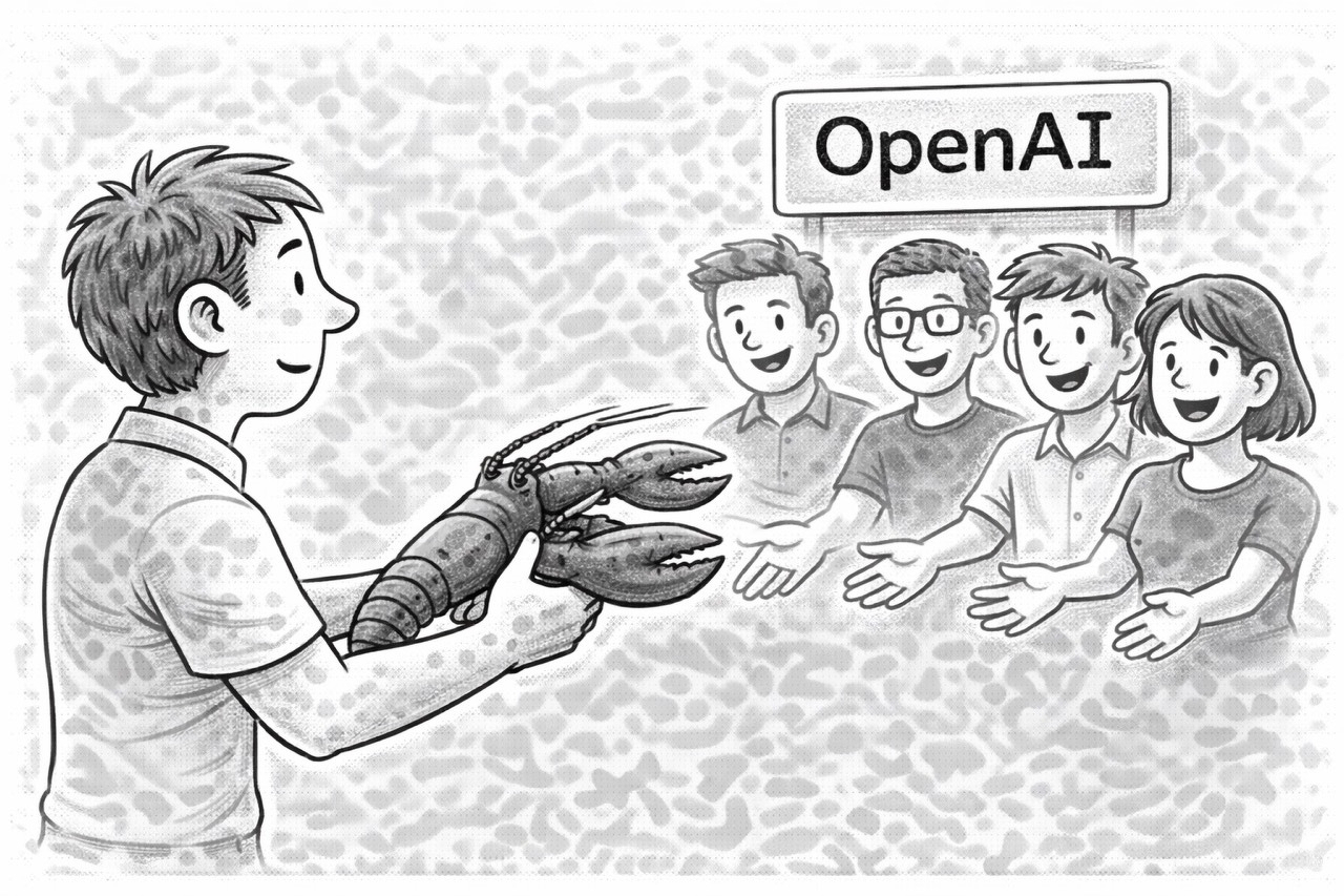 Auto-generated description: A person presents a lobster to a group of four happy people with an OpenAI sign above their heads.