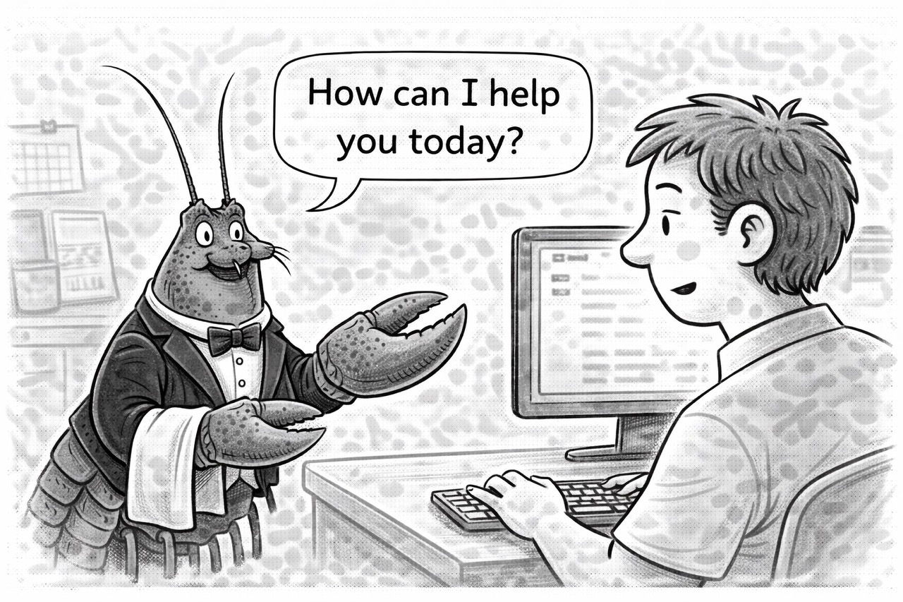 Auto-generated description: A lobster dressed as a waiter is asking a person at a computer, How can I help you today?