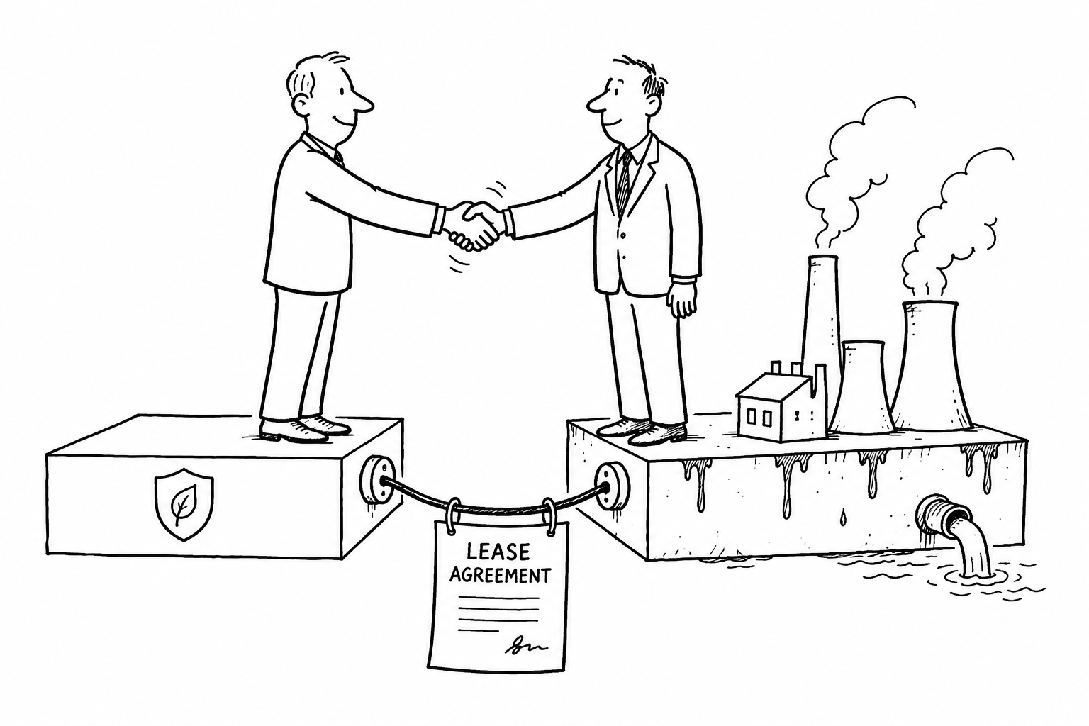 Auto-generated description: A man in a suit shakes hands with another man on platforms labeled with eco-friendly and industrial symbols, connected by a Lease Agreement document, highlighting a deal between environmental and industrial interests.