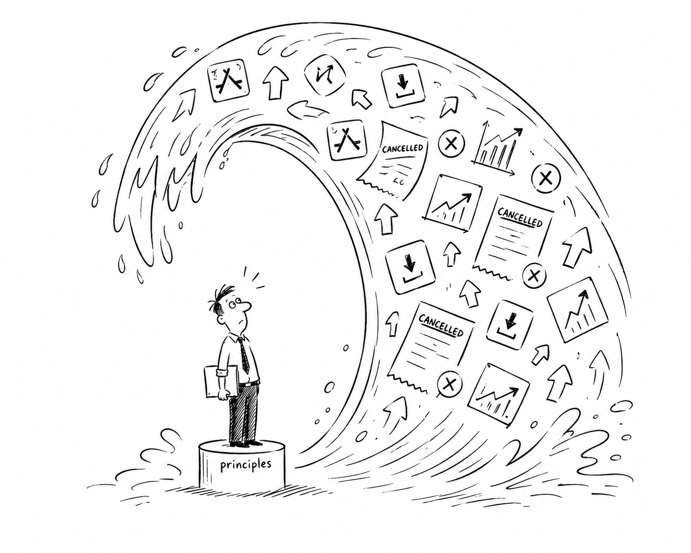 Auto-generated description: A person stands on a block labeled principles facing a large wave of graphs, charts, and signs labeled cancelled.