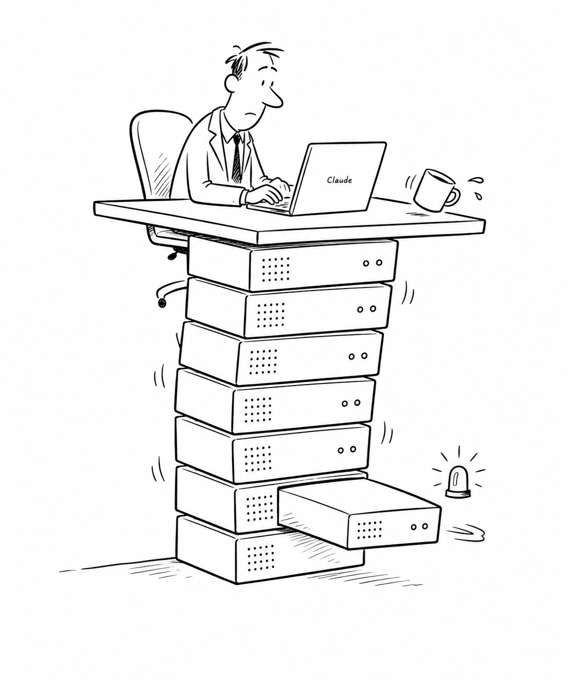 Auto-generated description: A person is sitting at a desk made of wobbling computer servers, with a mug tipping over and an alert icon nearby.