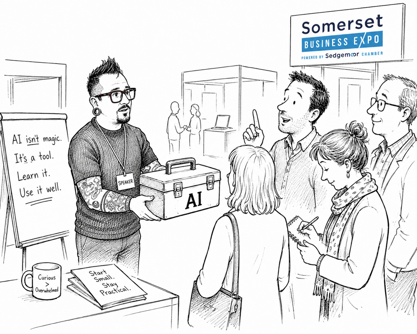 Auto-generated description: At a business expo, a presenter holds a toolbox labeled AI while talking to attendees, with a flip chart nearby displaying a message about AI being a tool.