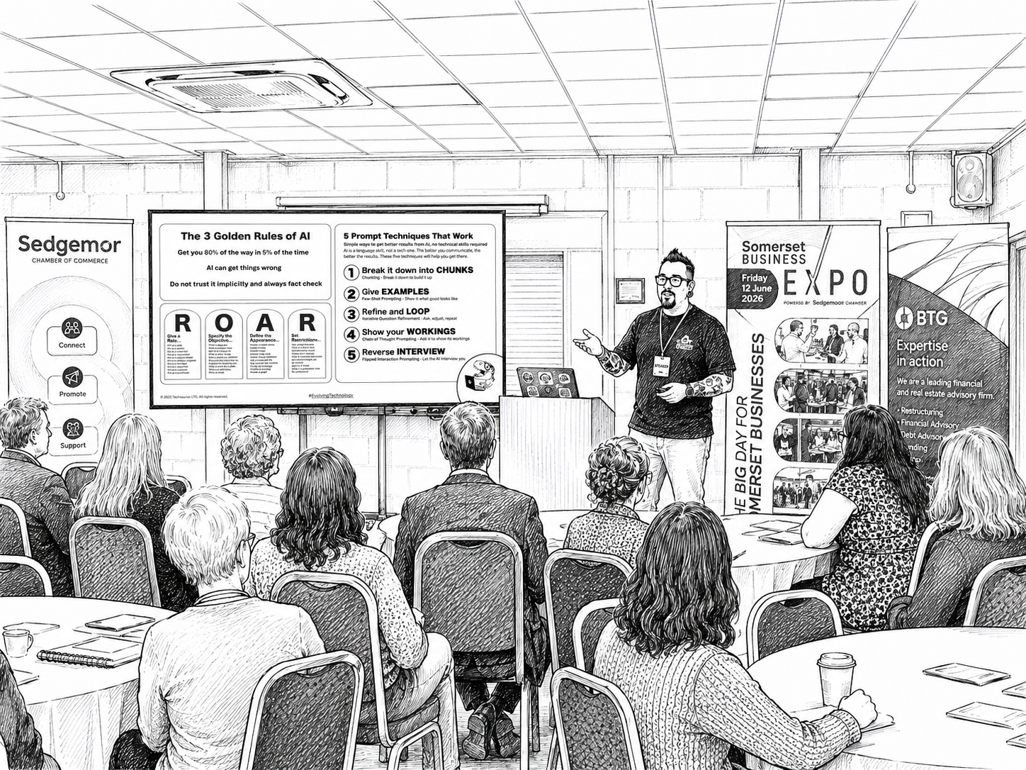 Auto-generated description: A person is presenting on stage to an audience in a room with promotional banners for a business expo.