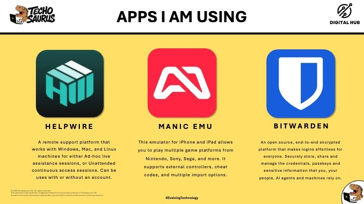 Auto-generated description: The image showcases three apps being used: Helpwire for remote support across devices, Manic Emu for emulating multiple game platforms on iPhone and iPad, and Bitwarden for managing and securing passwords and credentials.