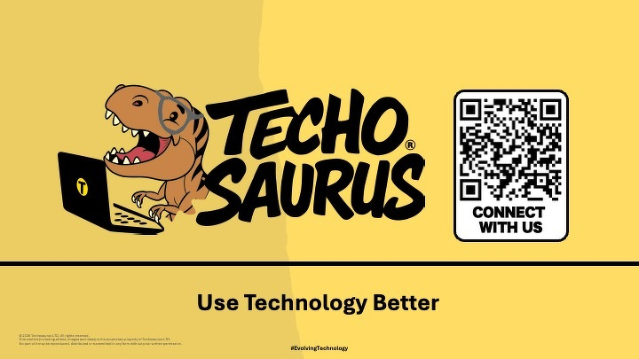 Auto-generated description: A cartoon T-Rex using a laptop is featured alongside the brand name Techosaurus and a QR code with the phrase Connect with Us, encouraging better use of technology.