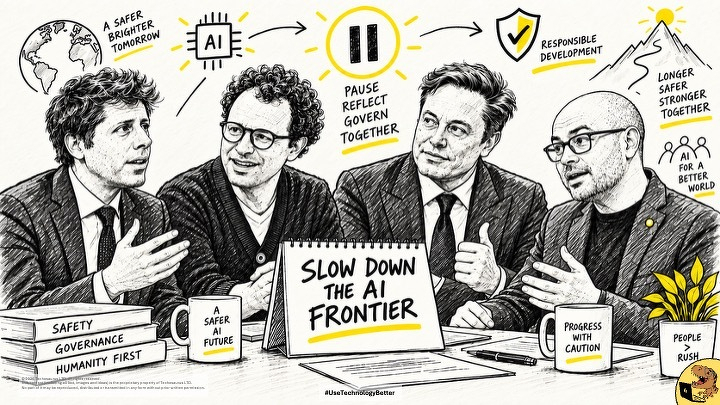 Auto-generated description: Four men are engaged in a serious discussion around a table with a sign that reads SLOW DOWN THE AI FRONTIER, surrounded by notes emphasizing AI safety, governance, responsible development, and cautious progress.
