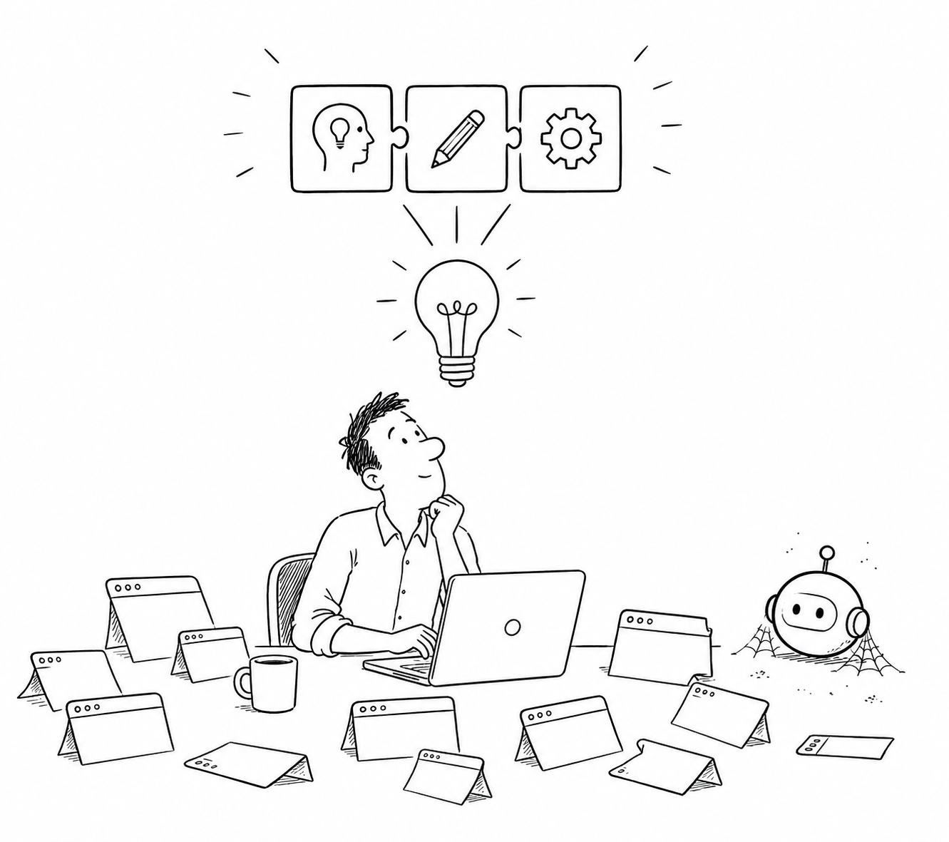 Auto-generated description: A person sits at a desk with a laptop surrounded by empty browser windows, looking at a light bulb and icons representing ideas, writing, and settings, while a small robot observes.