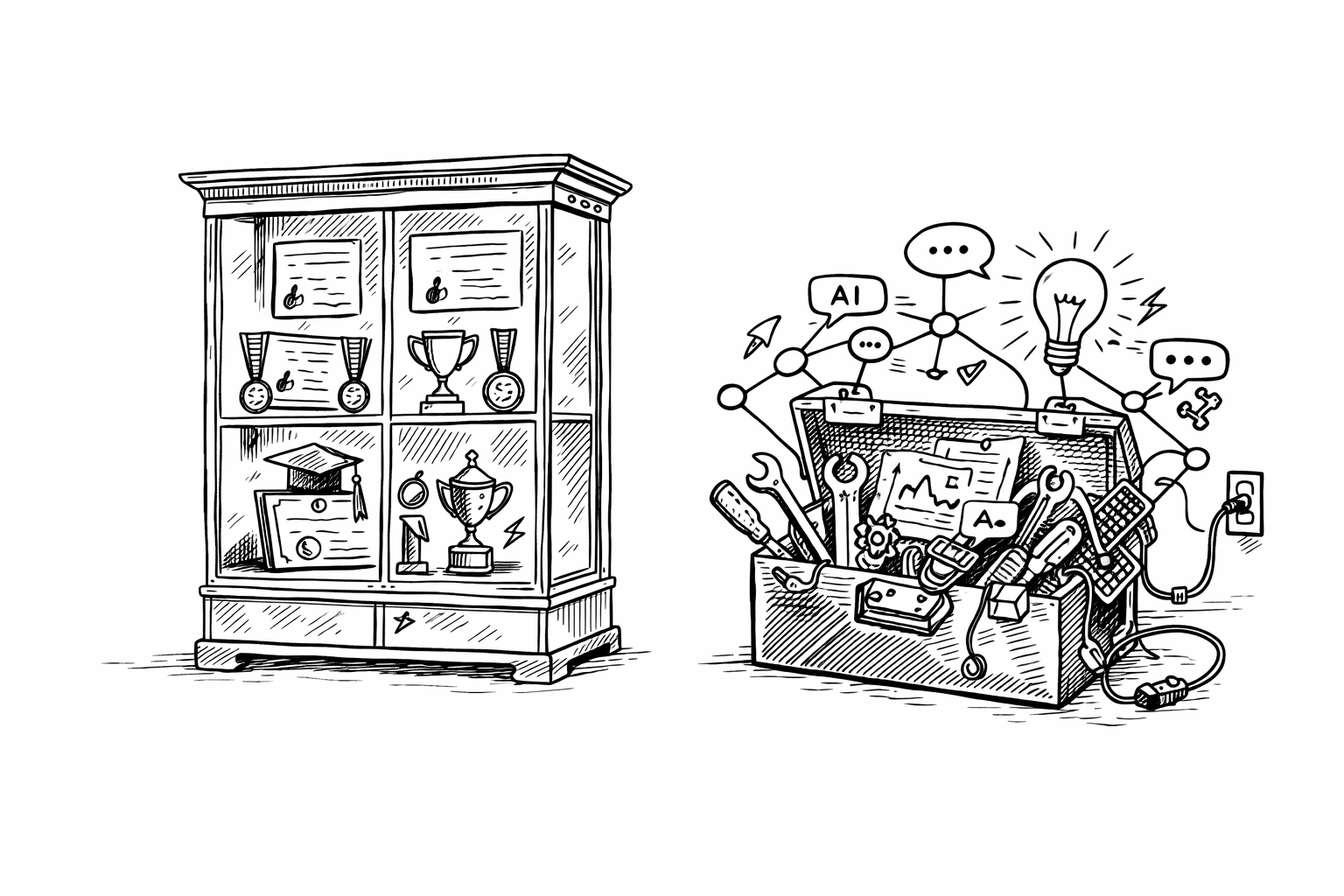 Auto-generated description: A trophy cabinet filled with awards and certificates is contrasted with an open toolbox containing various tools and symbols representing ideas and artificial intelligence.