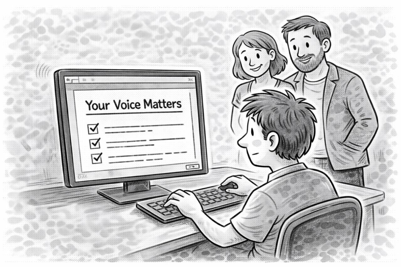 Auto-generated description: A person is sitting at a computer looking at a screen displaying Your Voice Matters, while two others stand behind and observe.