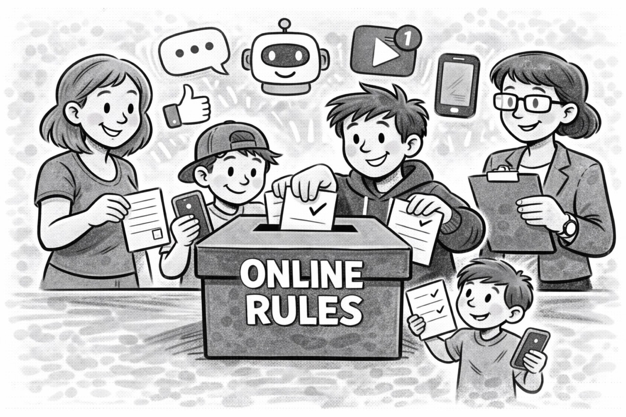 Auto-generated description: A group of people, including children and adults, are happily interacting around a box labeled Online Rules, with symbols of digital communication floating above them.