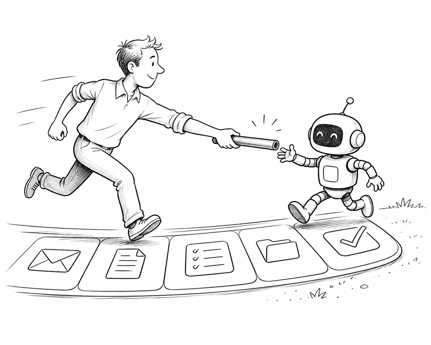 Auto-generated description: A person hands over a baton to a robot while running on a track with icons representing various tasks.