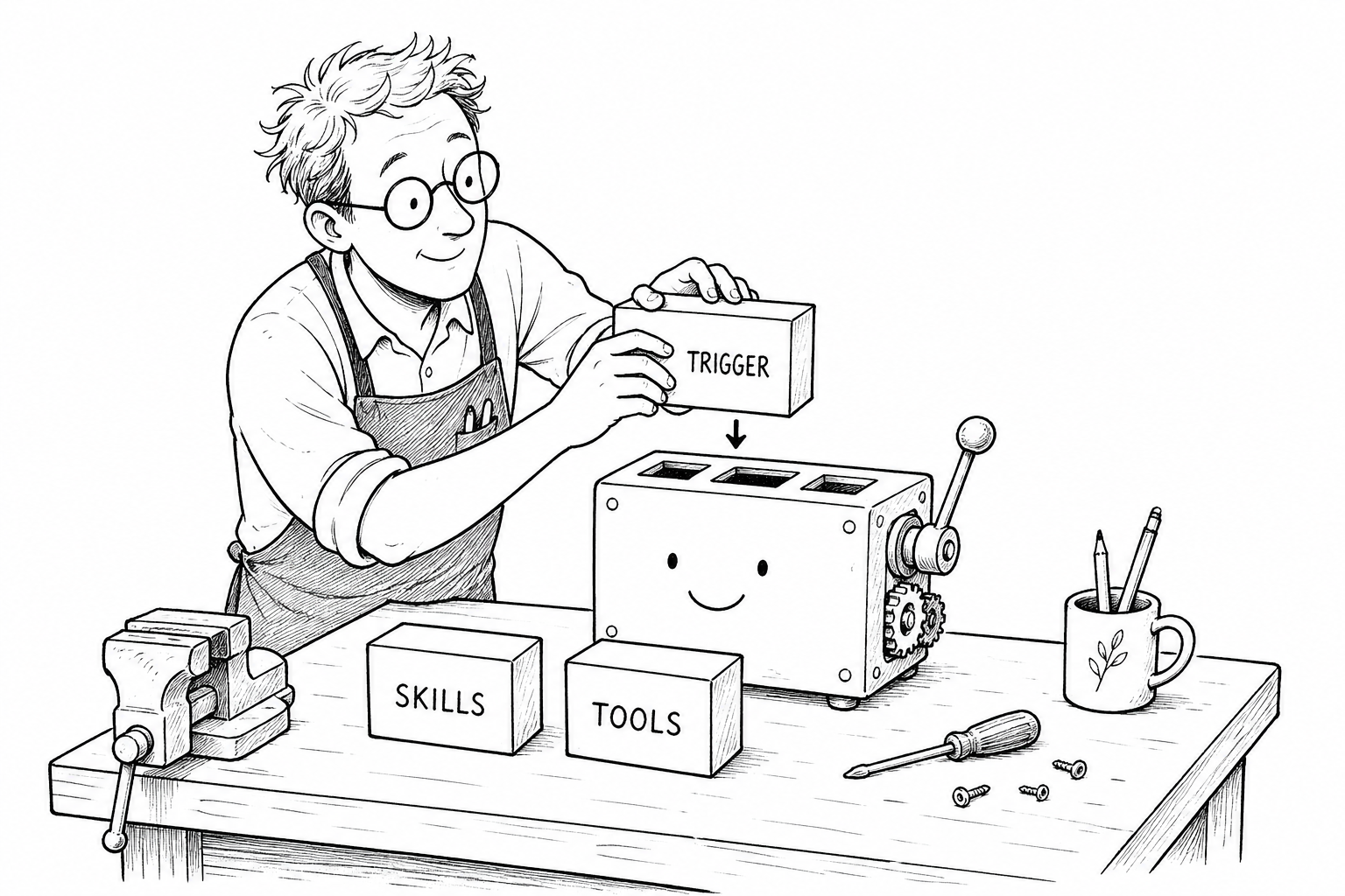 Auto-generated description: A person is inserting a block labeled TRIGGER into a smiling machine, alongside boxes labeled SKILLS and TOOLS on a workbench.