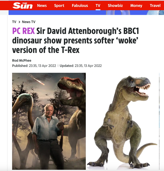 Headline from The Sun, claiming that there is such a thing as a woke T-rex.