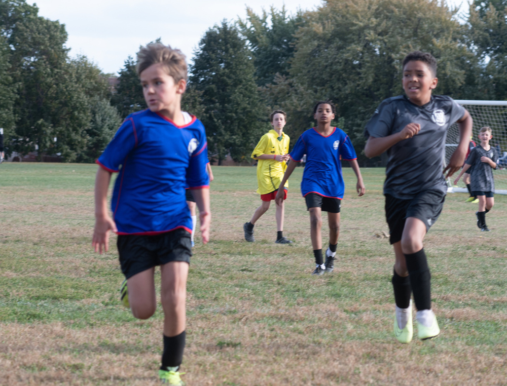 Several children are playing soccer on a grassy field, wearing different colored jerseys and focused on the game.