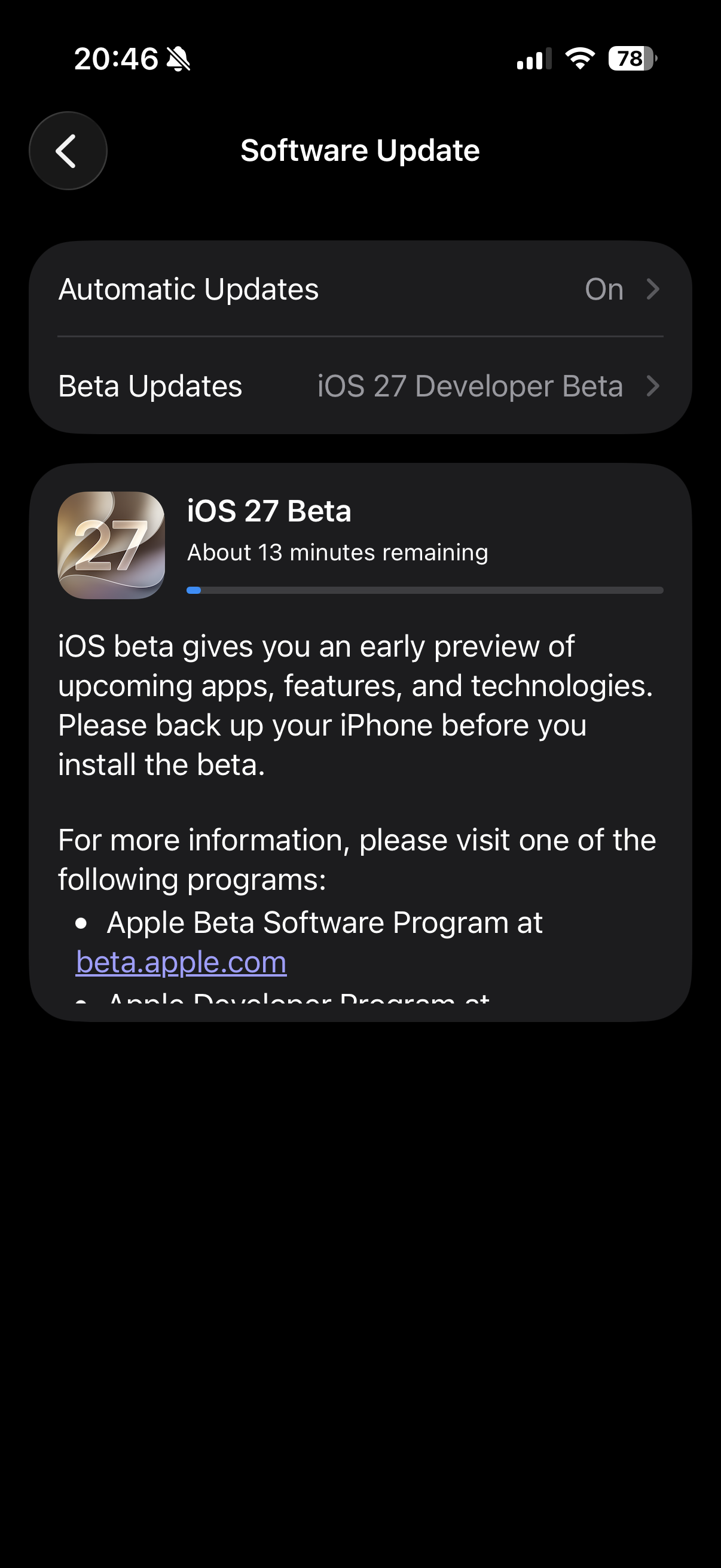 iOS software update screen. Installing iOS 27. 