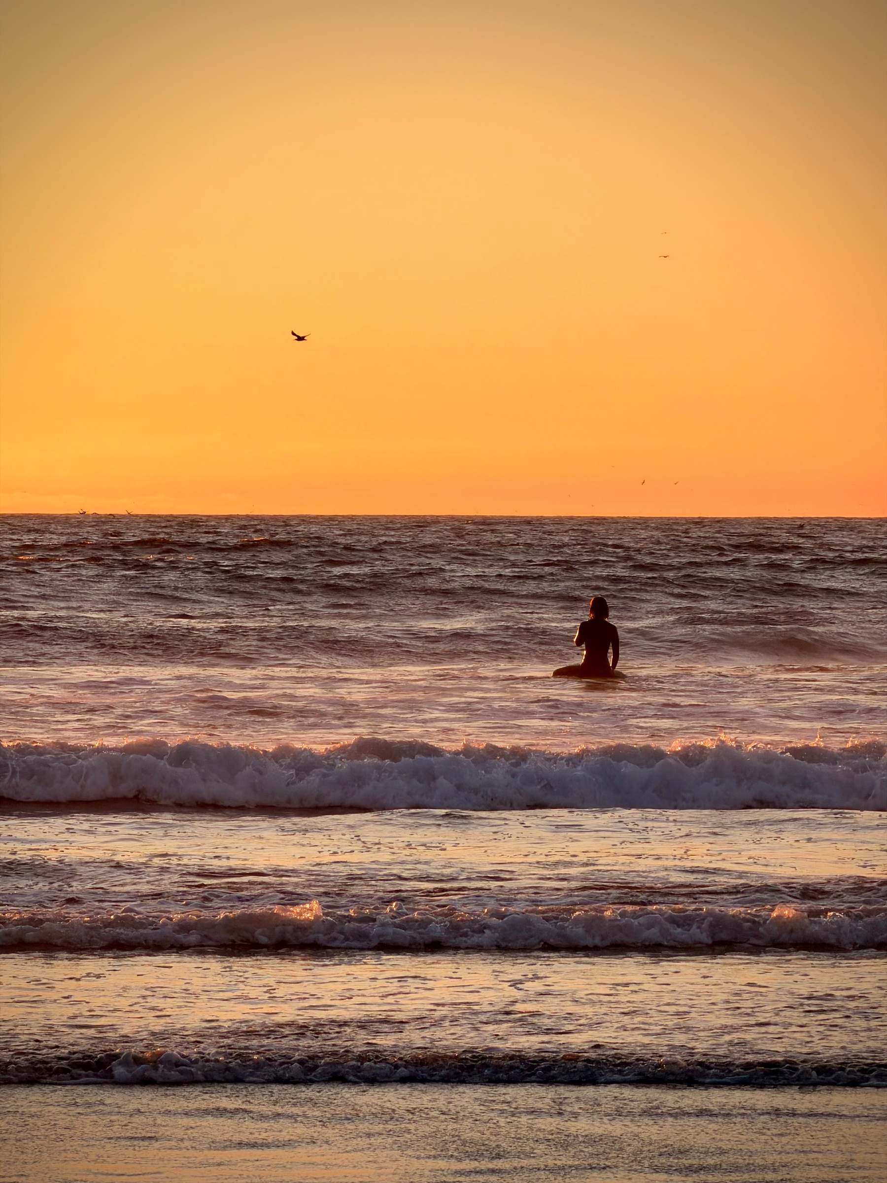 Surfer sitting in the ocean during sunset.