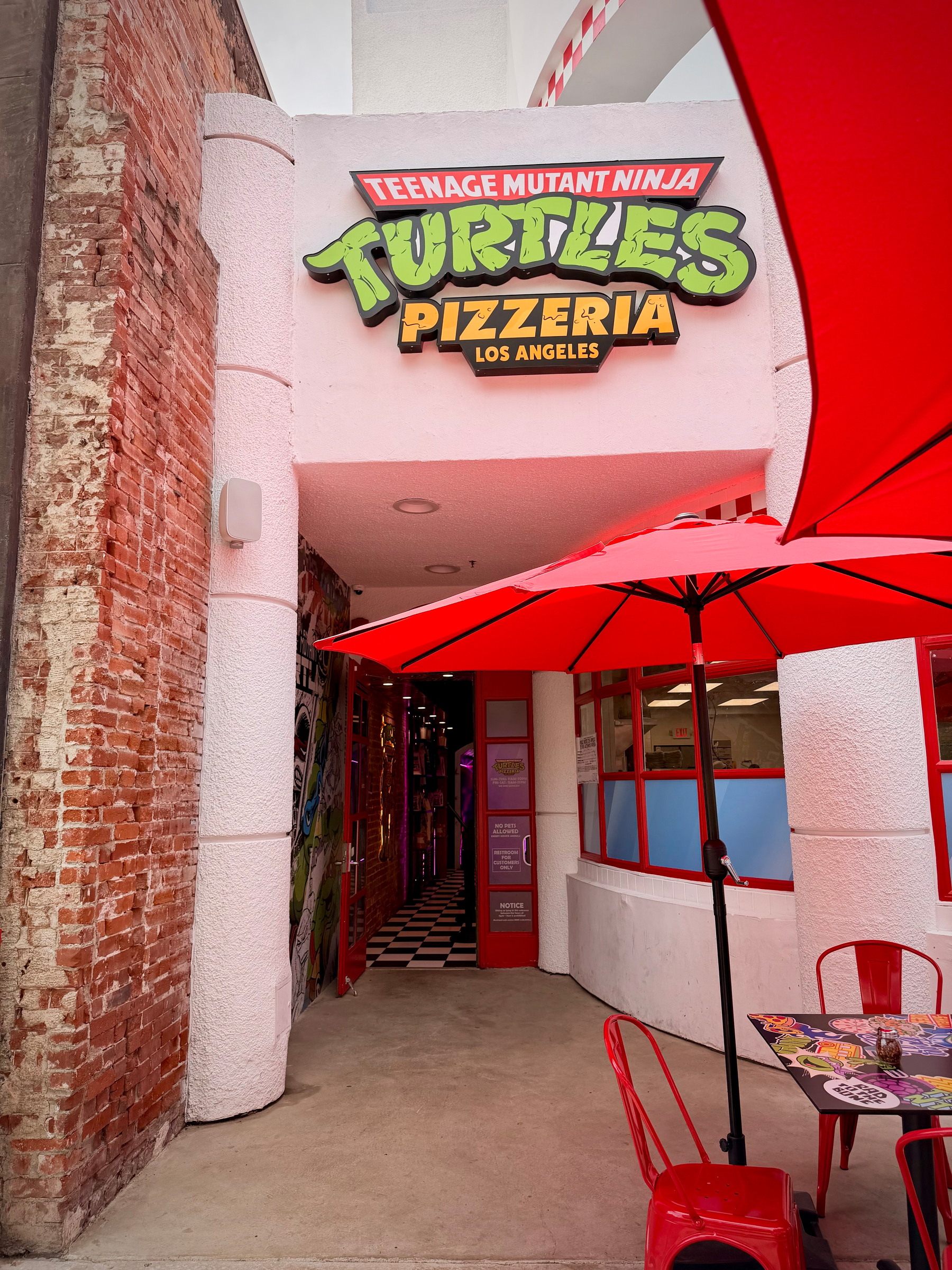 Entrance to Teenage Mutant Ninja Turtles pizzeria in Santa Monica, California.