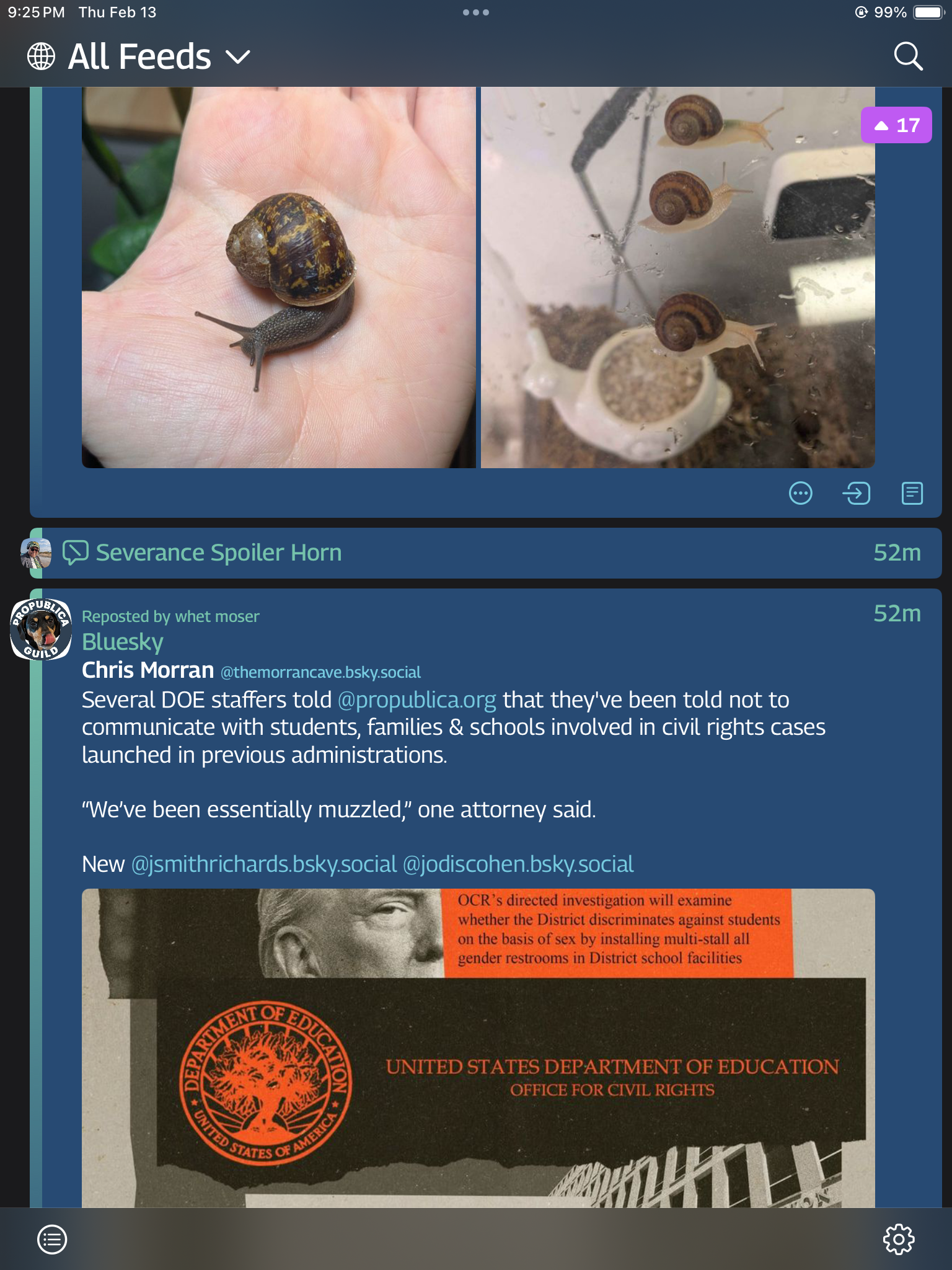 A post in Tapestry is hidden with a “Severance Spoiler Horn” muffle. Above, a post with a close-up photo of snails. Below, a post about what the fascists are doing to DOE.