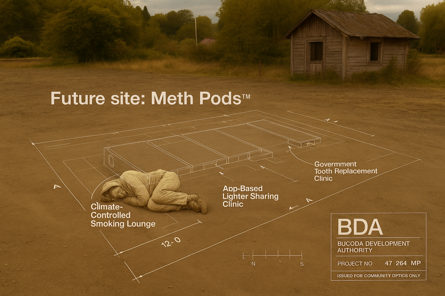 A digitally altered landscape outlines proposed "Meth Pods" with features like an app-based lighter-sharing clinic and a government tooth replacement clinic, alongside a person lying on the ground.