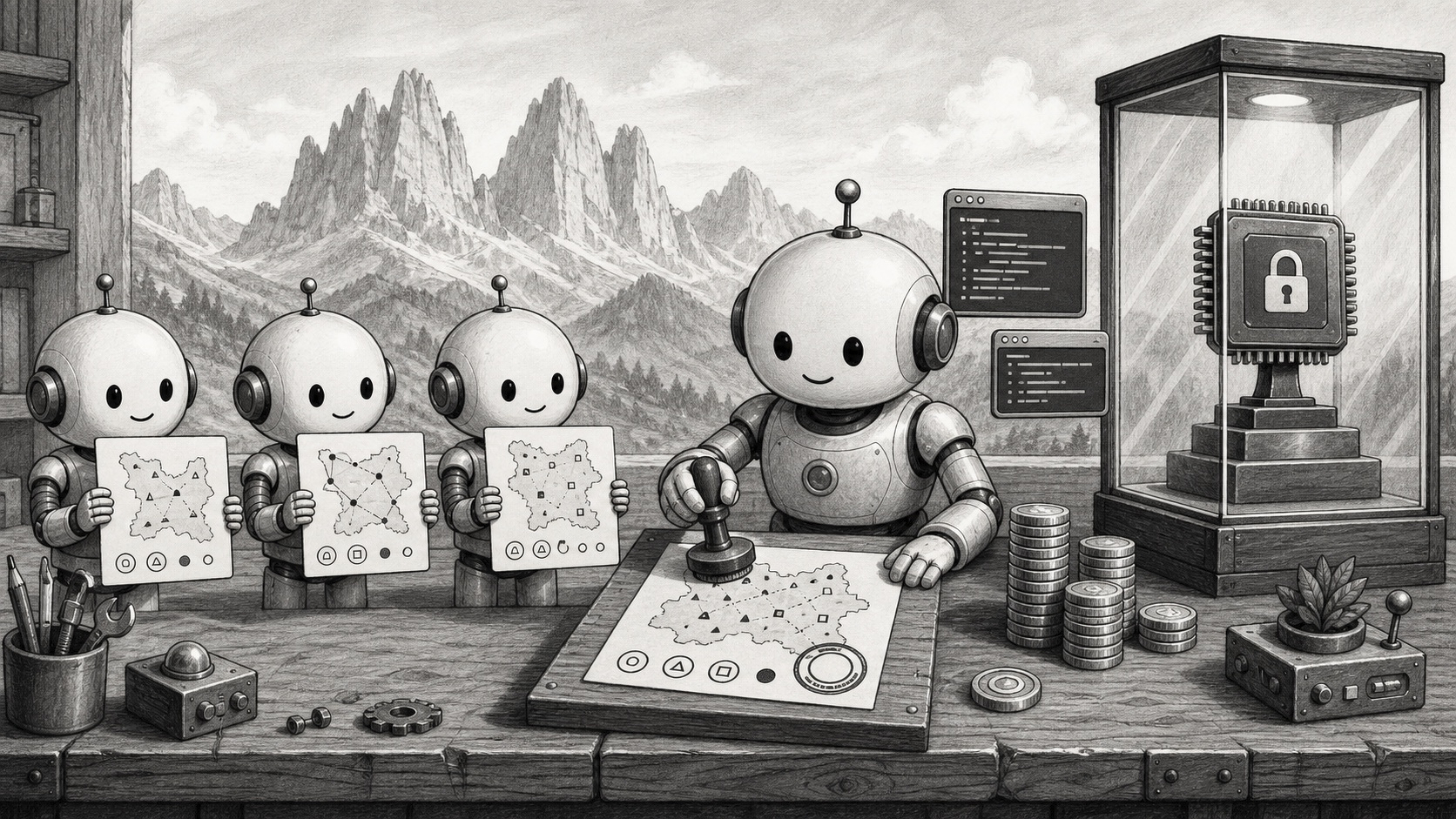 Auto-generated description: A group of four small robots is observing a larger robot stamping maps of a star-shaped territory, while a secured microchip sits displayed in a glass case nearby against a mountainous backdrop.