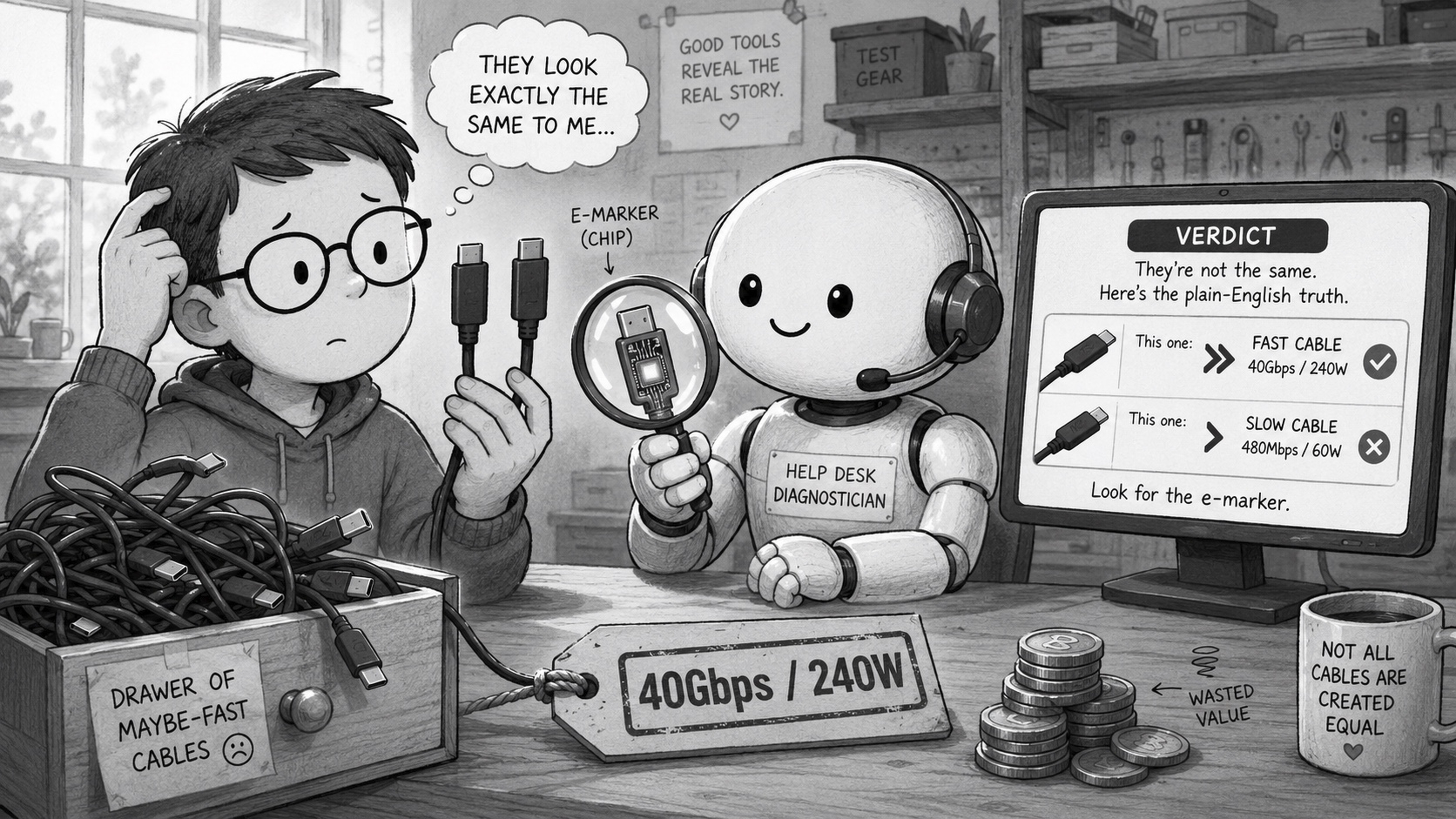 Auto-generated description: A person holding two cables looks confused while a robot holding a tool assists them, with a box of cables, coins, and a computer displaying cable information in the background.