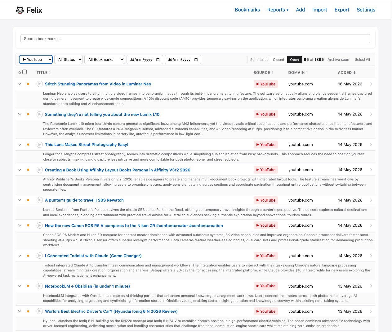 Auto-generated description: A digital interface displays a list of bookmarked YouTube video links with titles, sources, and dates.