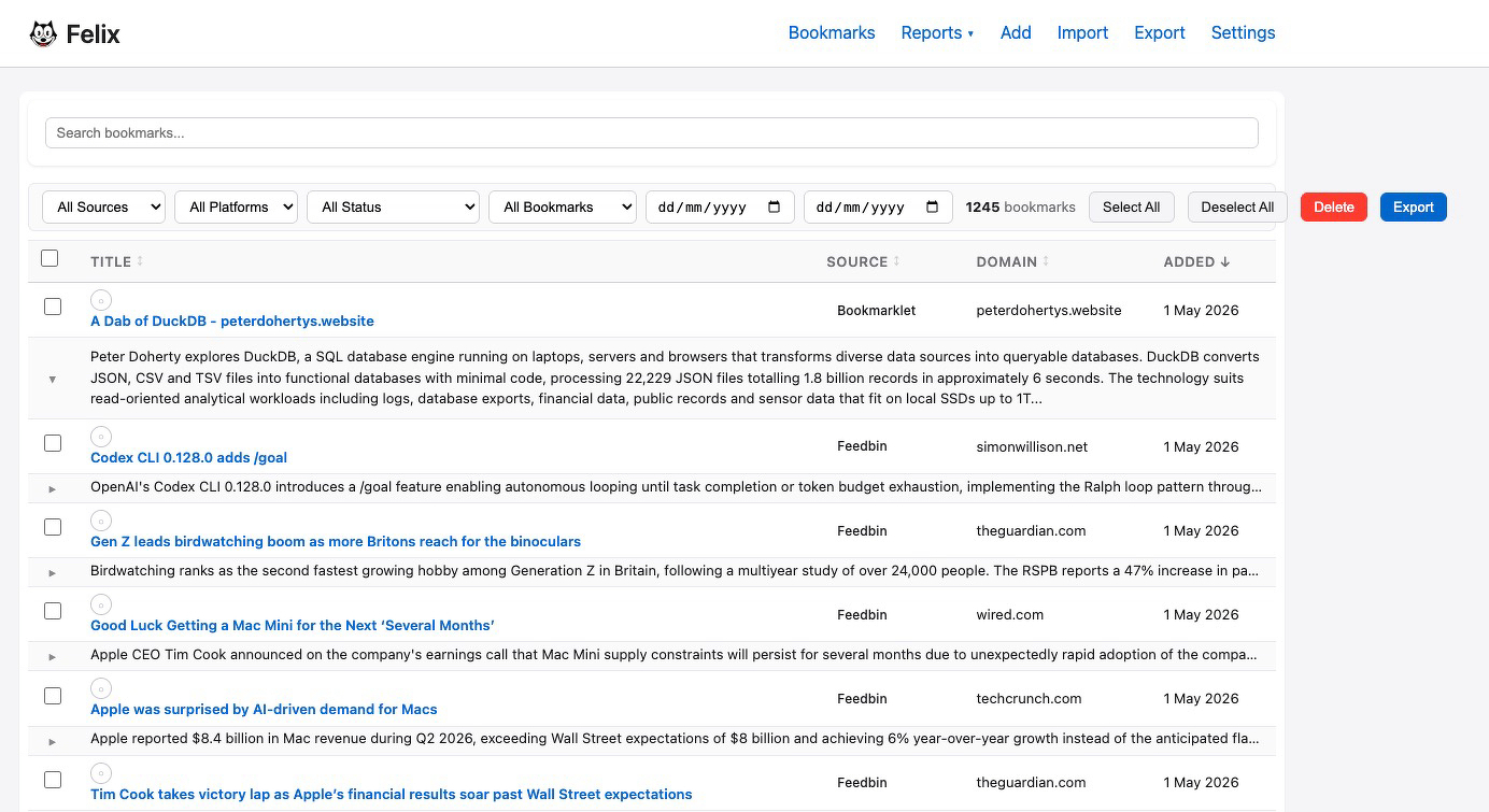 Auto-generated description: A screenshot of a bookmarking web application interface shows a list of saved articles with various sorting and filtering options.