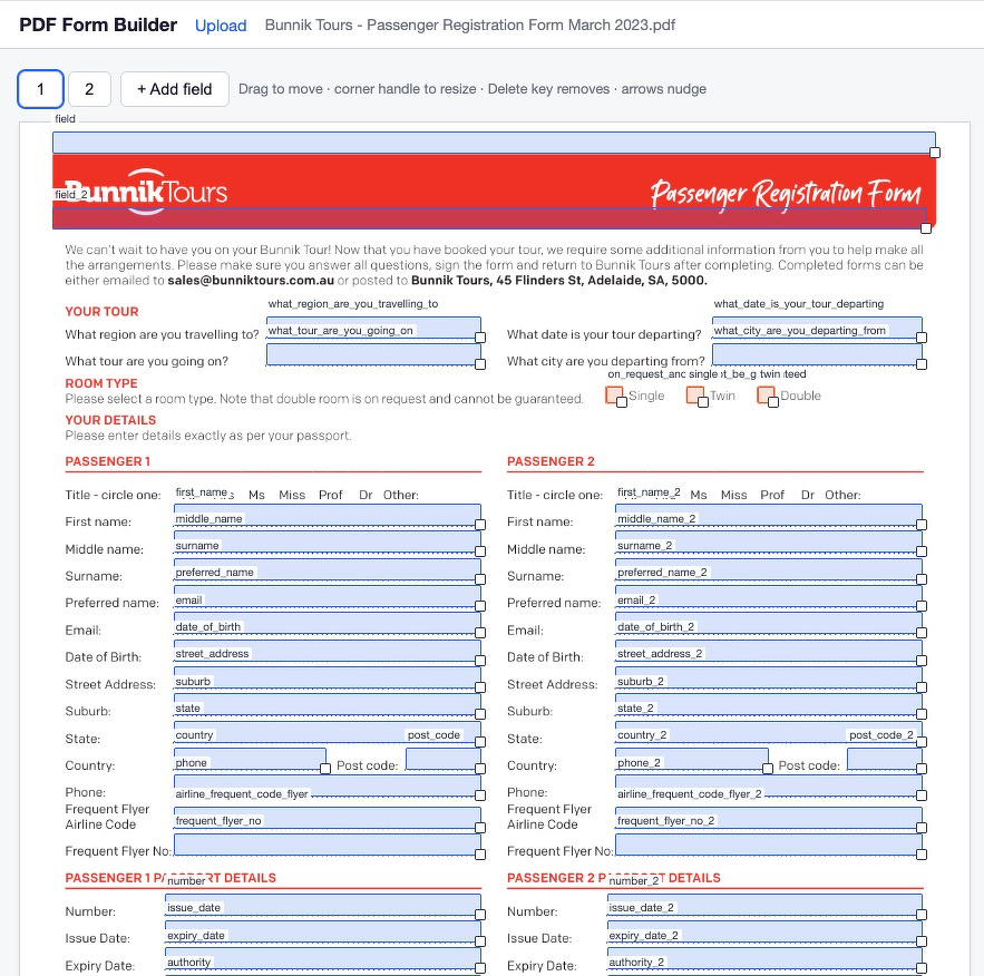 Auto-generated description: A passenger registration form for Bunnik Tours features sections for multiple passengers to fill in their travel details.