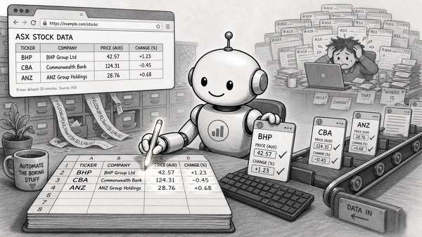 Auto-generated description: A robot is efficiently managing stock data with an overwhelmed human in the background surrounded by paperwork.